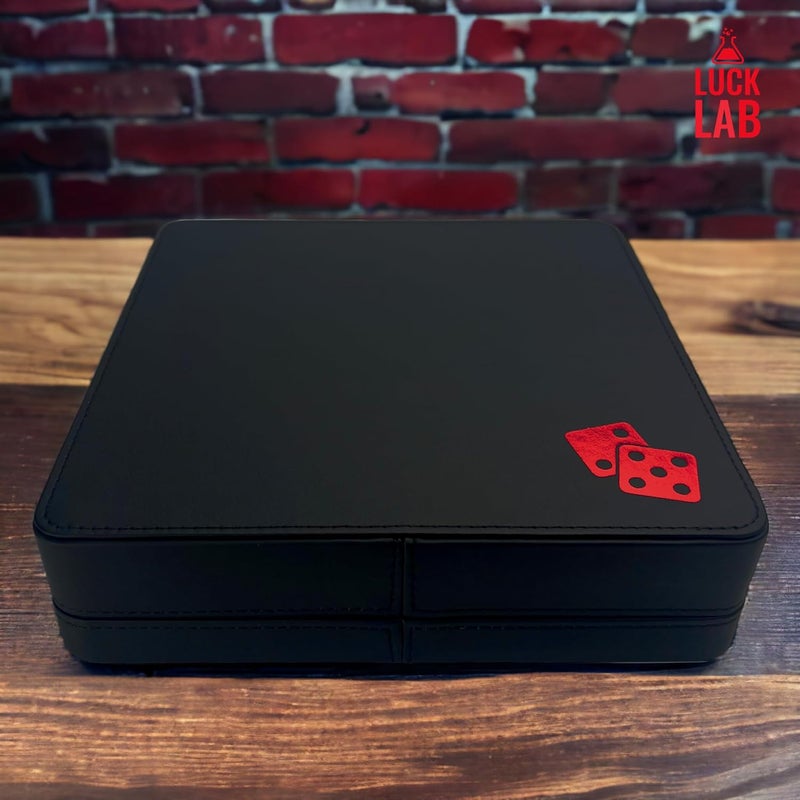 Luck Lab Farkle Dice Tray and Storage Case - Includes Embedded Scoring Combinations, 2 Sets of 6 Pearl Dice, 40 Sheet Score Pad and Pen Holder for The Classic Family Game (Red) - Image 4